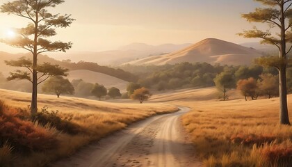 Serene Sunrise Over Rolling Hills And Grasslands