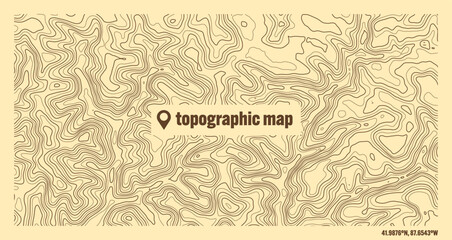 Colorful topographic map with contour lines. Geographic terrain grid, relief height elevation. Ground path pattern. Travel and navigation, cartography design element. Vector illustration