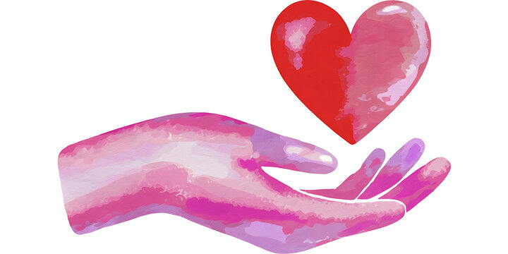 A watercolor style giving hand with a pink heart