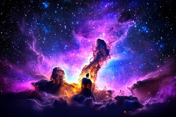 Obraz premium A lone astronaut floating in space, gazing at a breathtaking galaxy glowing with vibrant hues of purple and gold