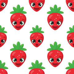 Seamless pattern with cute strawberry characters featuring expressive faces and green leaves, surrounded by colorful dots. Ideal for kids' products, packaging, textiles, and fun designs