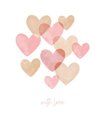 Happy Valentine's Day. With Love. Lovely Vector Card with Set of and Gold Hearts Isolated on a White Background. Cute Hand Drawn Valentine's Day Greeting Card with Falling Hearts. 