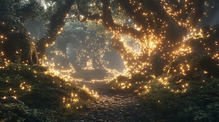 Fototapeta premium Illuminated path through forest.