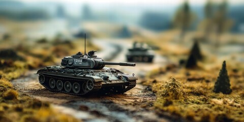 A detailed model of a T-34 tank on a scenic diorama, emphasizing its military aesthetics.