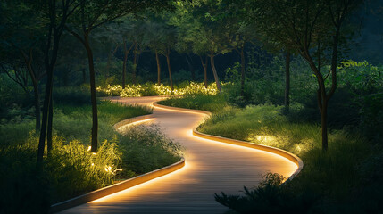 Obraz premium A minimalist eco-park where pathways glow faintly from solar-powered embedded lights, framed by soft shadows and natural greenery