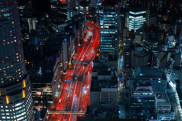 Tokyo, Japan - November 22 2024 - Looking down over japanese city roads and buildings from height. overhead view of tall buildings, houses, streets and strong urban planning patterns. night time