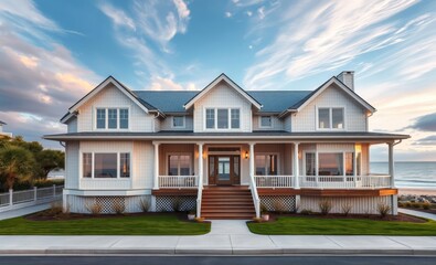 Stylish front design of a coastal beach house with white clapboard siding large windows and a wraparound porch overlooking the ocean ocean front property ocean property house home beach real estate