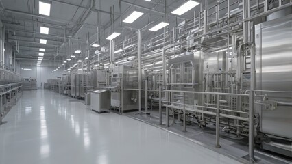 Factory production line of natural yoghurts, large steel tanks and equipment in empty space with no people.