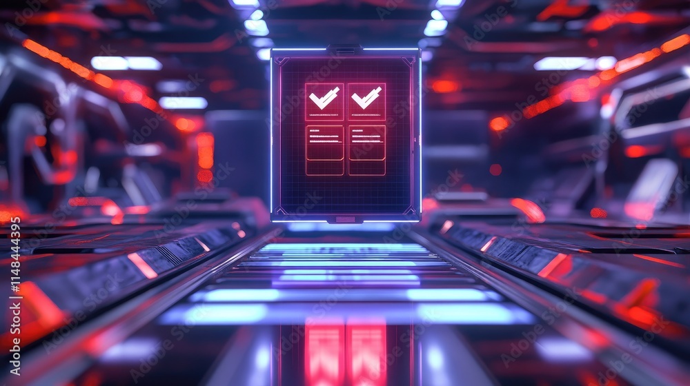Poster futuristic data processing interface with neon lights in background