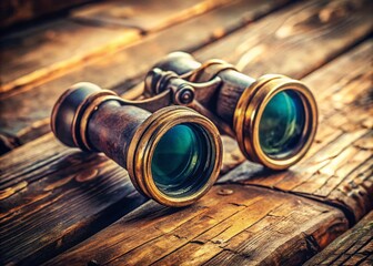 Vintage Binoculars on Rustic Wooden Table - Antique Spyglass, Retro Travel, Old Photography