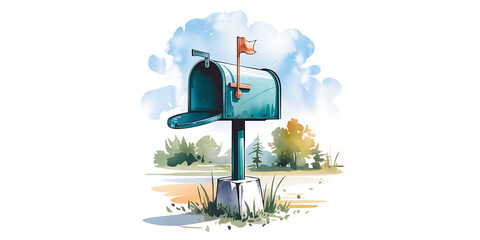 A watercolor style illustration of a mailbox with a flag up against a light blue sky