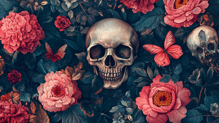 Dark floral arrangement with skull and butterflies displaying contrasting elements of life and death