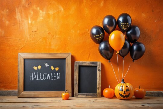 Vintage Blackboard Halloween Decoration Mockup: Orange Wall, Air Balloons, Copy Space, Signboard