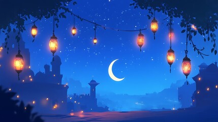 Fototapeta premium Nighttime Cityscape Illuminated by Lanterns and a Crescent Moon