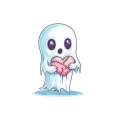 Fototapeta premium A little ghost holds a red heart with wrinkles and wounds.