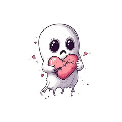 A little ghost holds a red heart with wrinkles and wounds.