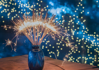 ords: firework, sparkle, wooden table, blue background, gold glitter, festive, celebration, event, party,stars and light,Christmas burning sparklers in a glass jar on wooden boards,lights on night sky