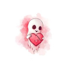 A little ghost holds a red heart with wrinkles and wounds.