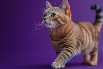 Obraz premium Playful tabby cat walking studio setting animal photography purple background close-up view