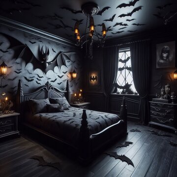 The Batcave A dark mysterious room with a bat themed bedspread a