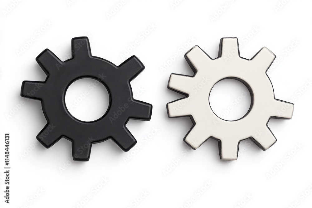 Poster a minimalist design of two interlocking gears in monochrome, with clean, bold lines on a plain white