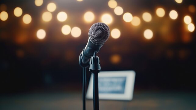 Close-up microphone stand in small concert venue. Program cover visible in background. Music event atmosphere. Stage lighting creates warm ambiance. Potential for performance presentation. Event