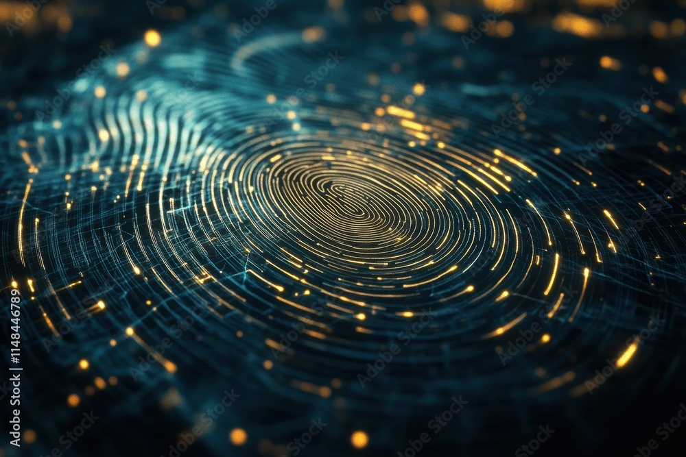 Poster digital fingerprint graphic showcasing intricate patterns and vibrant light effects with ample copy 