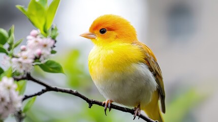 Fototapeta premium Bright yellow bird perched on a blossoming tree branch with soft white spring flowers in the background.