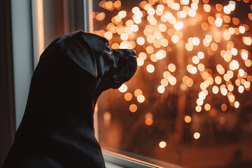 Dog watching fireworks from window home photo nighttime side view emotional connection