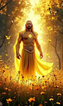 Baldur, the god of light, standing in a golden meadow, his form glowing with a radiant aura and celestial presence