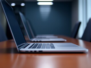 A sleek row of laptops sits on a polished conference table, illuminated by soft overhead lighting in a modern workspace.