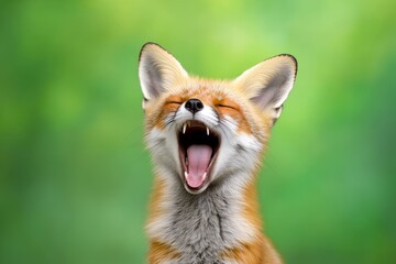 Fototapeta premium A sleepy fox yawning widely while lounging in a sunlit patch of grass