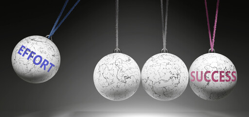 Effort and Success - cause and effect relationship. A Newton cradle metaphor showing how effort results in success. It initiates success. ,3d illustration