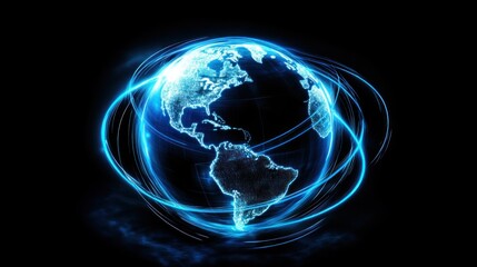 Obraz premium A digital globe with cascading neon lines linking continents, representing a reliable force in telecom innovation and communication.