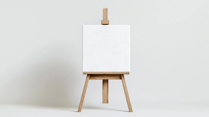 Blank canvas on wooden easel against plain white background. Ideal for art content, workshops. Versatile mockup for creativity, design projects. Ready to display artistic creations. Minimalist