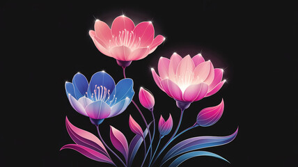 A stunning digital art piece showcasing a captivating arrangement of two luminous pink, purple, and blue flowers.