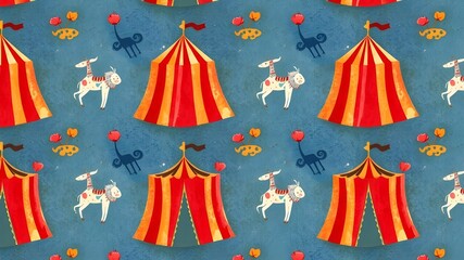 Watercolor hand drawn grunge circus vintage seamless pattern. Illustration of retro and vintage old circus background, elegant titles, grunge texture. Fun party. Circus show. Decor for children's room