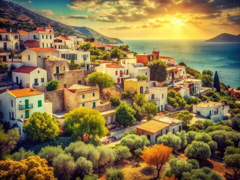 Vintage Crete Kavros Village: Scenic Greek Island Photography, Retro Charm,  Old World Greece,  Crete Island Landscape