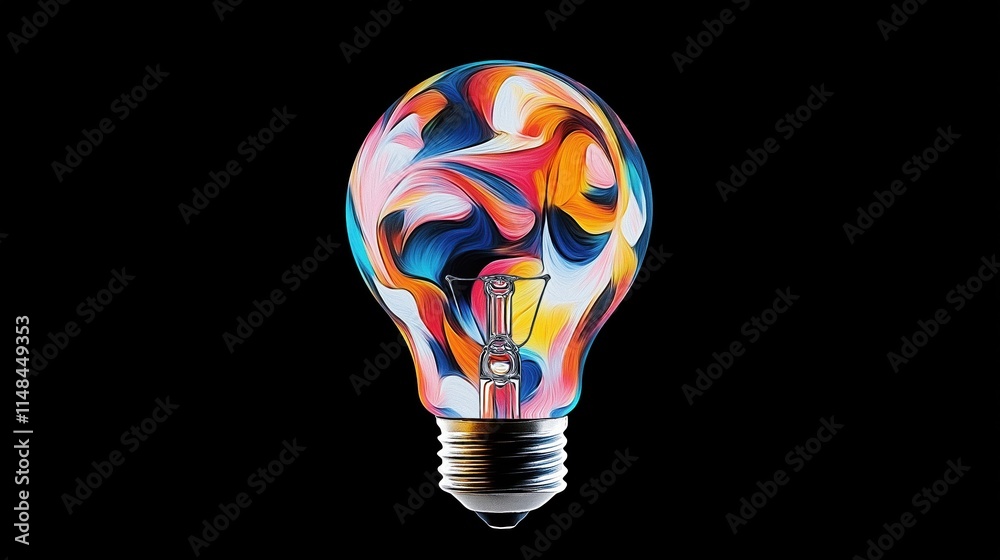 Poster abstract lightbulb displays complex idea. colorful patterns swirl inside. digital rendering shows vi