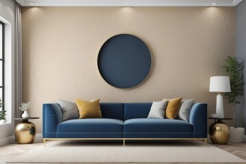 Fototapeta premium Living Room Design With Beige And Gold Textured Wallpaper And Blue Sofa