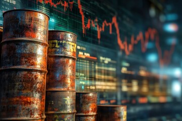 Rusty oil barrels stacked against a stock market graph backdrop. Illustrates oil price volatility and market fluctuations.