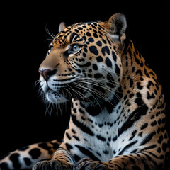 Obraz premium Majestic Leopard Portrait Against Black Background - Stunning Wildlife Photography of Big Cat with Striking Spots and Vibrant Eyes