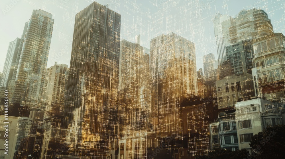 Poster cityscape blending with digital neural network illustrating the future of urban innovation and ai in