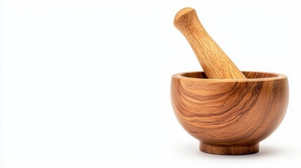a wooden mortar and pestle, kitchen tool, rustic design, natural wood texture, isolated on white background