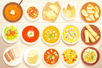 An appetizing assortment of various dishes and soups displayed on a wooden table, perfect for representing a hearty meal or restaurant menu.