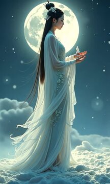 Chang'e, the Moon Goddess, standing gracefully on a glowing moon, holding a jade rabbit, surrounded by celestial beauty and serenity