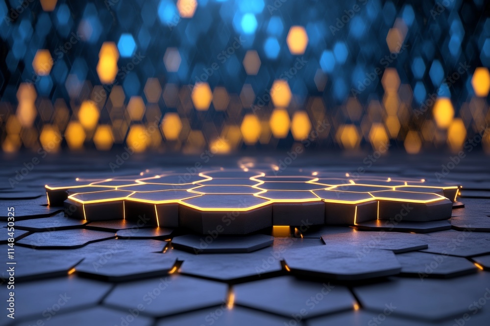 Poster a neon-lit cyberpunk scene with a geometric holographic display, glowing hexagonal patterns, and dyn