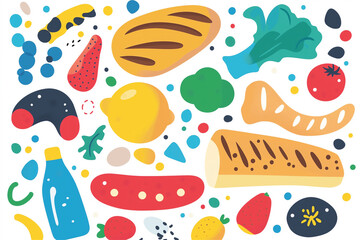 An artistic arrangement of fruits, vegetables, and baked goods on a white background, ideal for promoting healthy living and fresh produce.