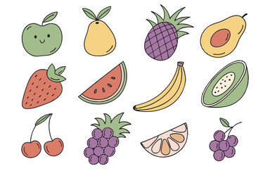 A colorful illustration of various fruits including an apple, pear, pineapple, avocado, strawberry, watermelon, banana, kiwi, cherries, grapes, and an orange slice. Perfect for food-related designs.