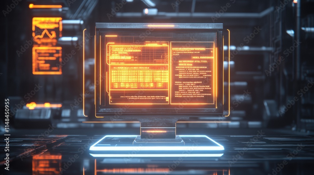 Poster futuristic computer monitor with digital data display in cyberpunk style